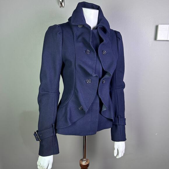 BCBG MaxAzria coat XS Pea Coat Military Ruffle Regal Royal Wool Spy Blue Trench - Picture 5 of 16